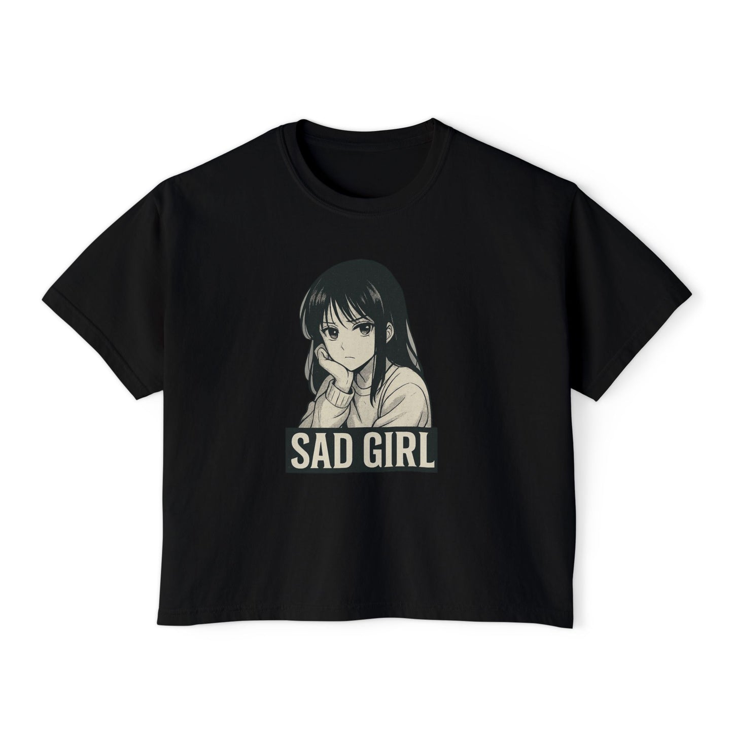 Women's Boxy Tee - Sad Girl Graphic, Cute Casual Top, Anime Inspired Shirt, Gift for Her, Streetwear Fashion