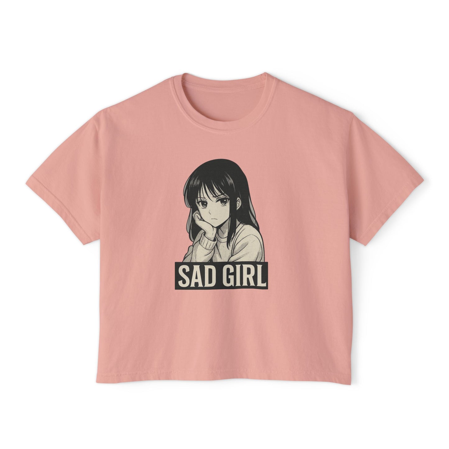Women's Boxy Tee - Sad Girl Graphic, Cute Casual Top, Anime Inspired Shirt, Gift for Her, Streetwear Fashion