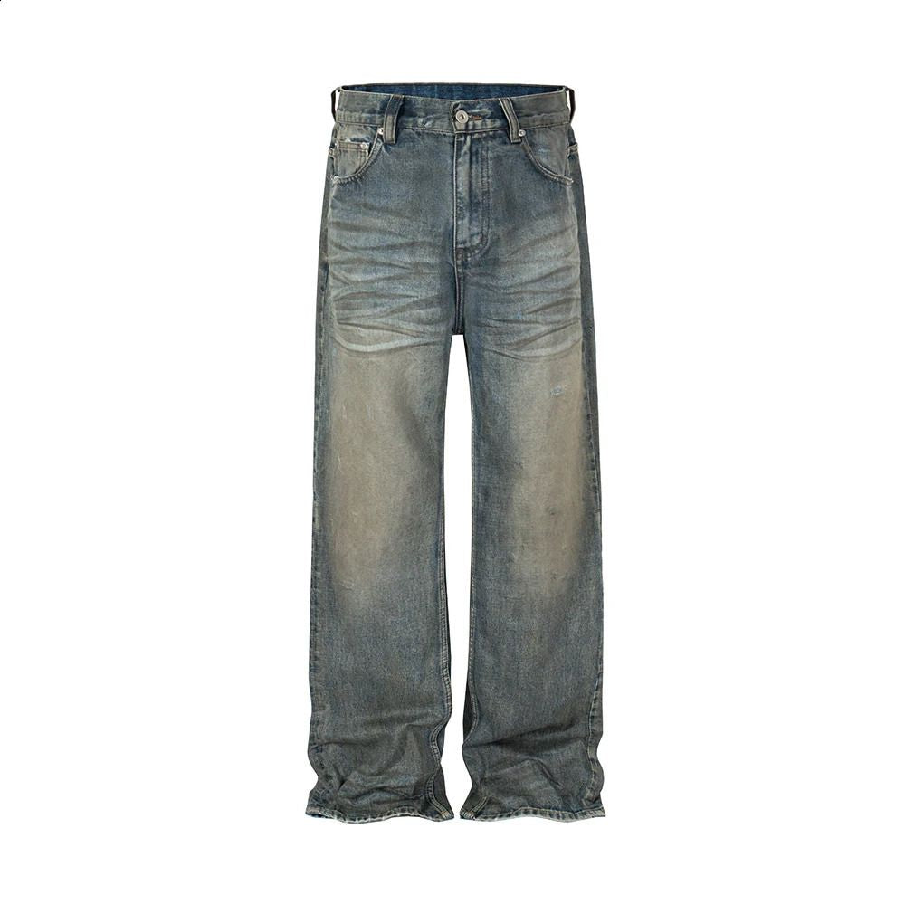 Harajuku Streetwear Mens and Womens Washed Dirty Bagged Blue Jeans Straight Retro Casual Denim Trouser Ropa Hombre Products 240726