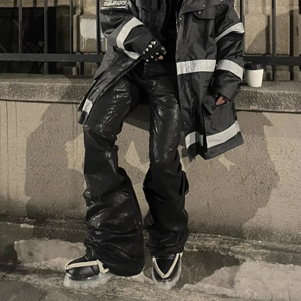 Streetwear Black Wax Leather Strecth Jeans for Men Ropa Hombre Baggy Y2K Flare Pants Oversized Straight Denim Trousers