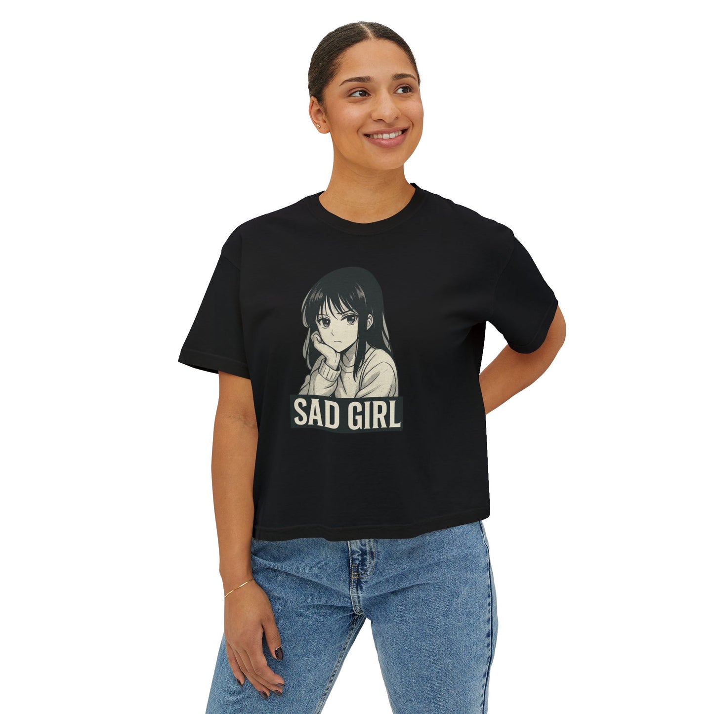 Women's Boxy Tee - Sad Girl Graphic, Cute Casual Top, Anime Inspired Shirt, Gift for Her, Streetwear Fashion