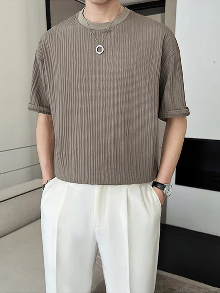 Summer Ice Silk Pleat short Sleeve T-shirt For Men