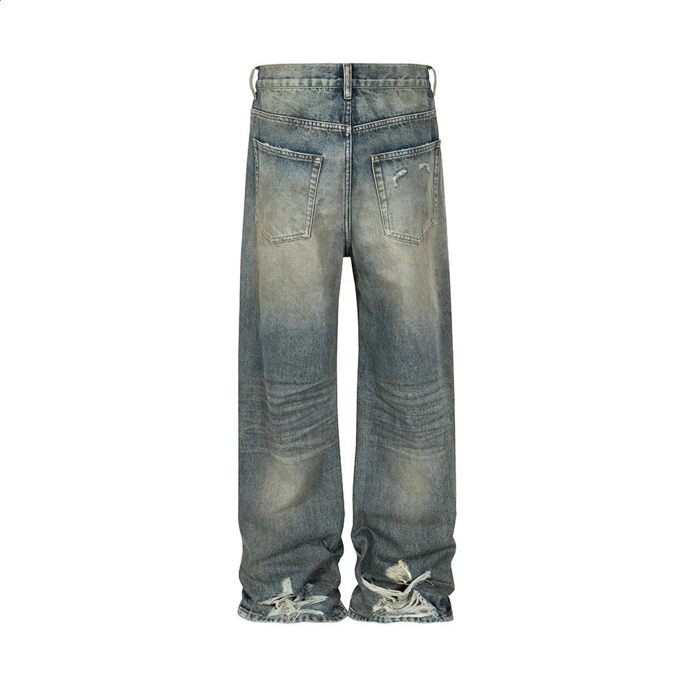 Harajuku Streetwear Mens and Womens Washed Dirty Bagged Blue Jeans Straight Retro Casual Denim Trouser Ropa Hombre Products 240726