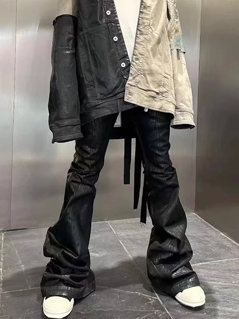 Streetwear Black Wax Leather Strecth Jeans for Men Ropa Hombre Baggy Y2K Flare Pants Oversized Straight Denim Trousers