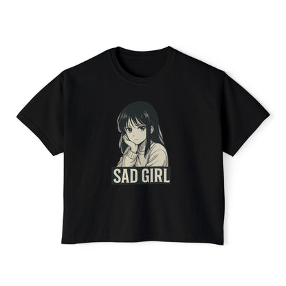 Women's Boxy Tee - Sad Girl Graphic, Cute Casual Top, Anime Inspired Shirt, Gift for Her, Streetwear Fashion