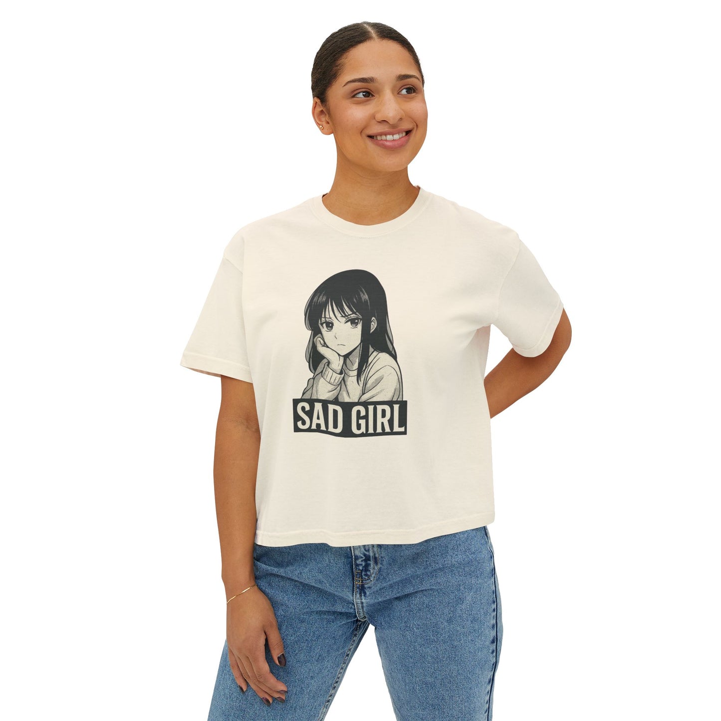 Women's Boxy Tee - Sad Girl Graphic, Cute Casual Top, Anime Inspired Shirt, Gift for Her, Streetwear Fashion