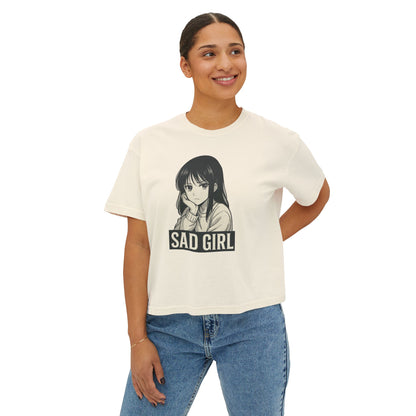Women's Boxy Tee - Sad Girl Graphic, Cute Casual Top, Anime Inspired Shirt, Gift for Her, Streetwear Fashion