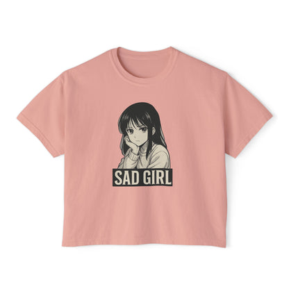 Women's Boxy Tee - Sad Girl Graphic, Cute Casual Top, Anime Inspired Shirt, Gift for Her, Streetwear Fashion