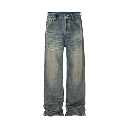 Harajuku Streetwear Mens and Womens Washed Dirty Bagged Blue Jeans Straight Retro Casual Denim Trouser Ropa Hombre Products 240726