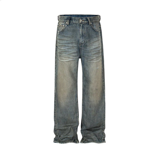 Harajuku Streetwear Mens and Womens Washed Dirty Bagged Blue Jeans Straight Retro Casual Denim Trouser Ropa Hombre Products 240726