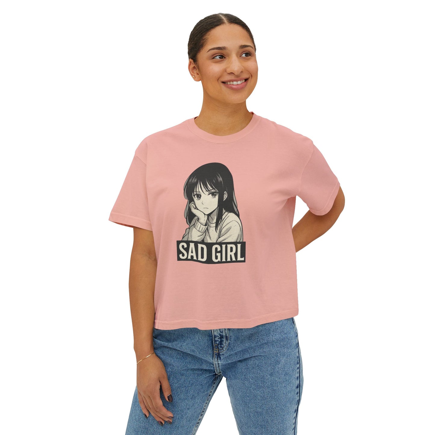 Women's Boxy Tee - Sad Girl Graphic, Cute Casual Top, Anime Inspired Shirt, Gift for Her, Streetwear Fashion