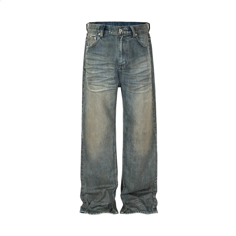 Harajuku Streetwear Mens and Womens Washed Dirty Bagged Blue Jeans Straight Retro Casual Denim Trouser Ropa Hombre Products 240726