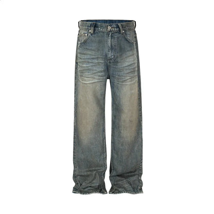 Harajuku Streetwear Mens and Womens Washed Dirty Bagged Blue Jeans Straight Retro Casual Denim Trouser Ropa Hombre Products 240726