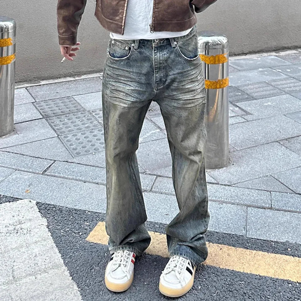 Harajuku Streetwear Mens and Womens Washed Dirty Bagged Blue Jeans Straight Retro Casual Denim Trouser Ropa Hombre Products 240726