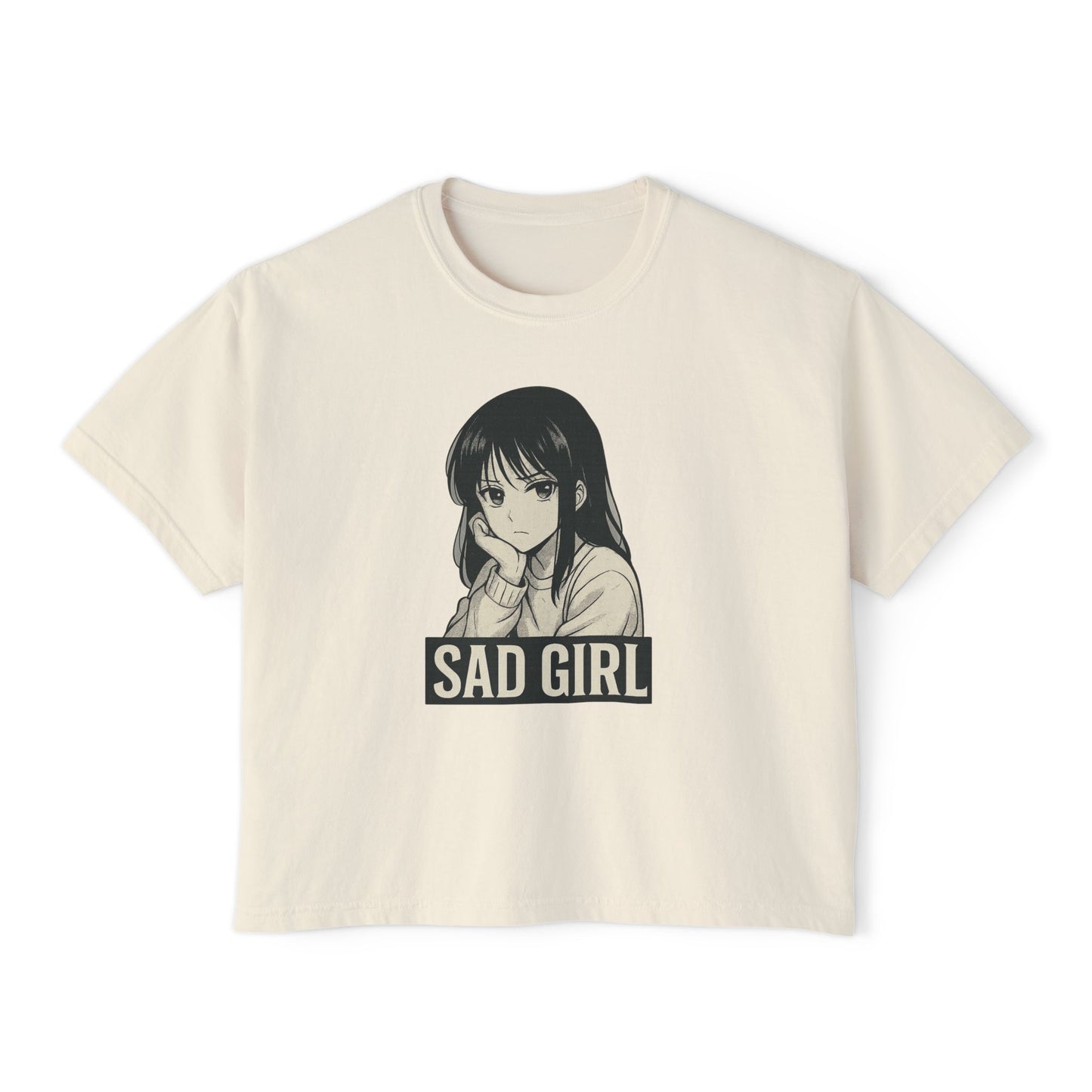 Women's Boxy Tee - Sad Girl Graphic, Cute Casual Top, Anime Inspired Shirt, Gift for Her, Streetwear Fashion