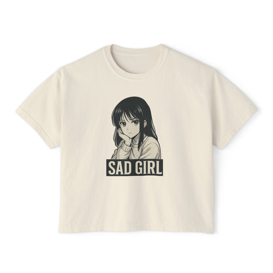Women's Boxy Tee - Sad Girl Graphic, Cute Casual Top, Anime Inspired Shirt, Gift for Her, Streetwear Fashion