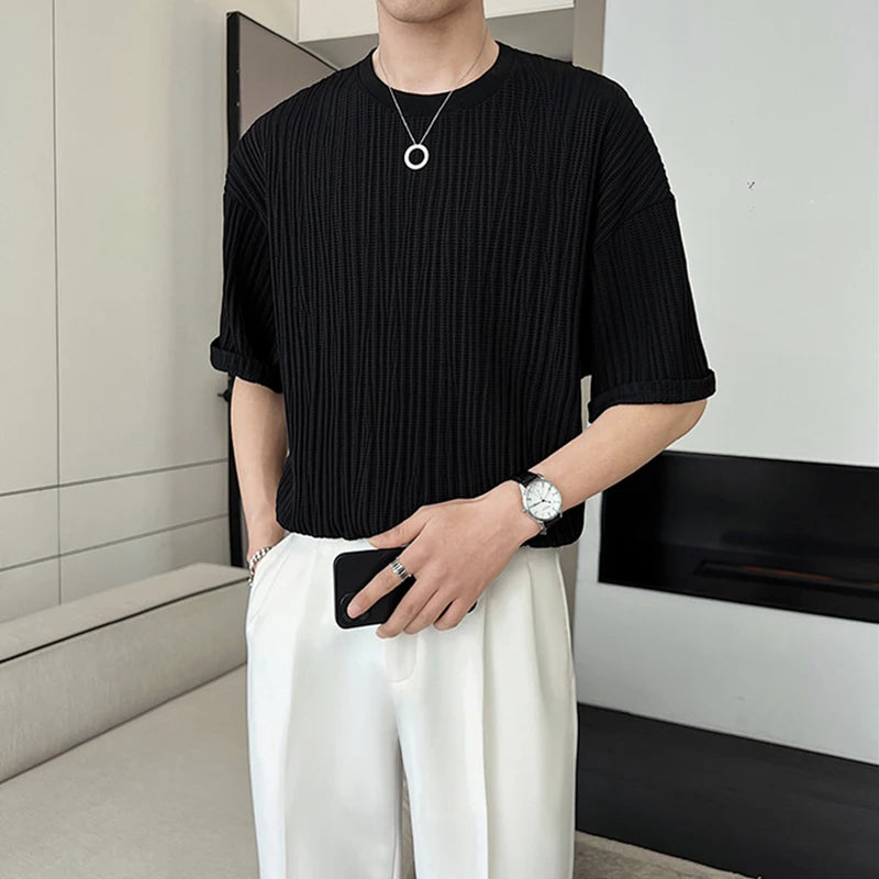 Summer Ice Silk Pleat short Sleeve T-shirt For Men
