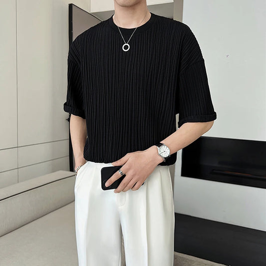 Summer Ice Silk Pleat short Sleeve T-shirt For Men