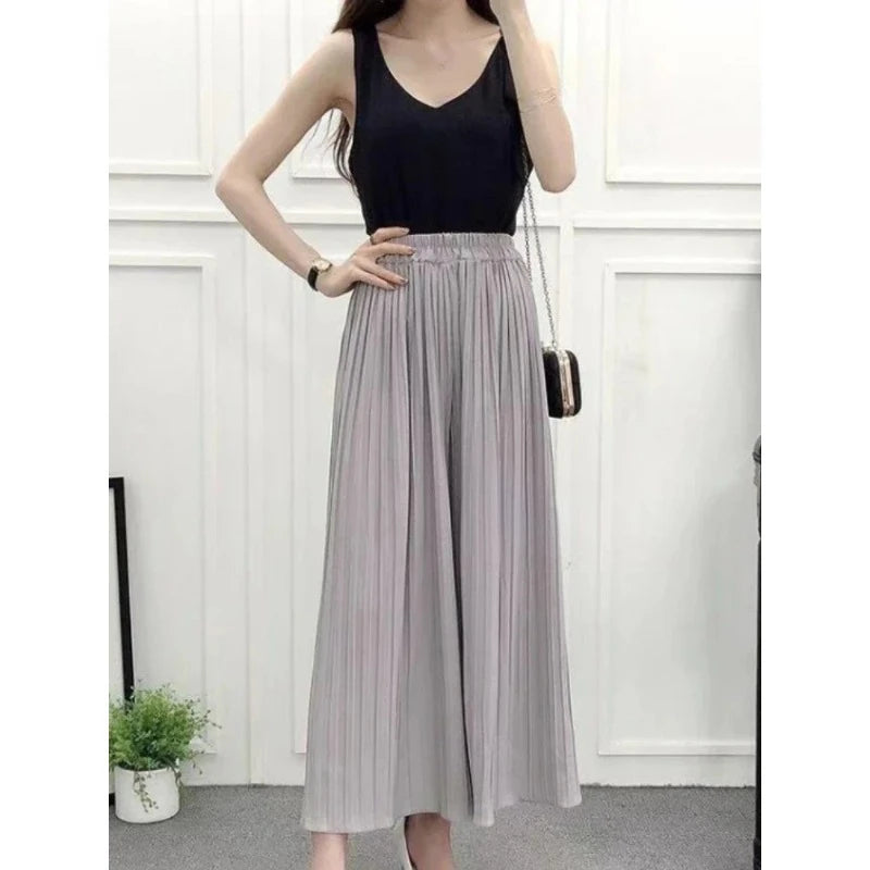Summer Women’s Pleated Skirt Pants – Loose Fit, Elastic Waist, Wide-Leg Crop