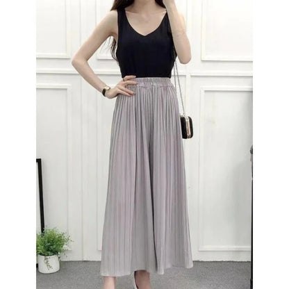 Summer Women’s Pleated Skirt Pants – Loose Fit, Elastic Waist, Wide-Leg Crop