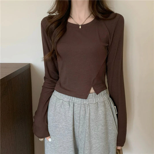 Women’s Vintage Y2K Crop Top Solid Long Sleeve Tee