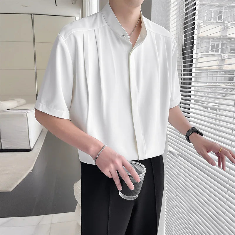 Men’s Chinese Style Short Sleeve Shirt – Breathable Ice Silk with Stand Collar
