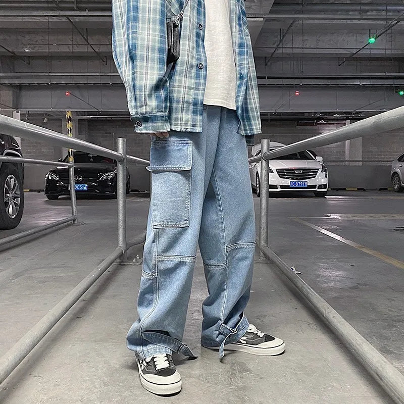 Men’s Loose Cargo Denim Jeans – Hip Hop Streetwear with Pockets, S–5XL