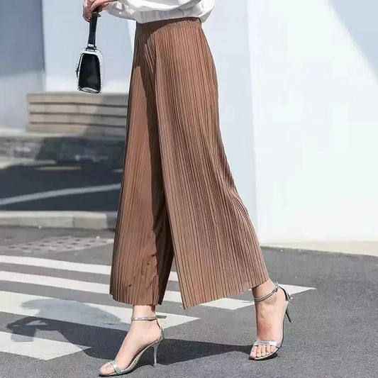 Summer Women’s Pleated Skirt Pants – Loose Fit, Elastic Waist, Wide-Leg Crop