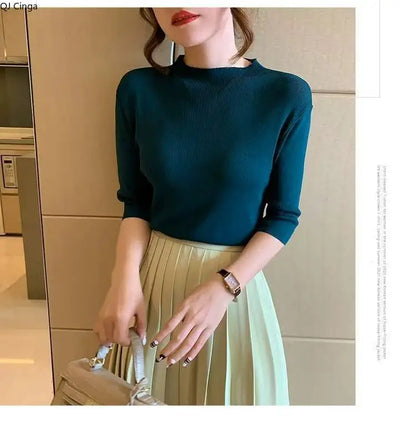 Women’s Slim Fit Office Blouse – Solid Color Long Sleeve Knit Top