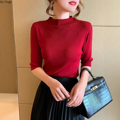 Women’s Slim Fit Office Blouse – Solid Color Long Sleeve Knit Top
