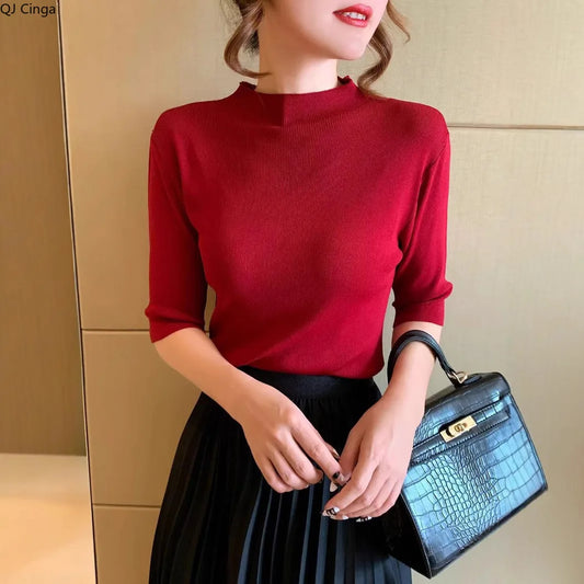 Women’s Slim Fit Office Blouse – Solid Color Long Sleeve Knit Top