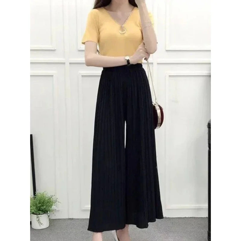Summer Women’s Pleated Skirt Pants – Loose Fit, Elastic Waist, Wide-Leg Crop