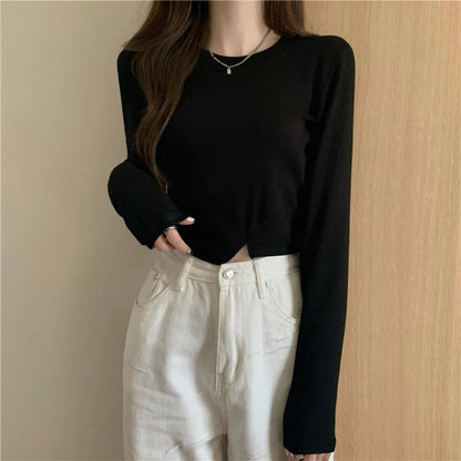 Women’s Vintage Y2K Crop Top Solid Long Sleeve Tee