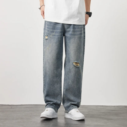 Men’s Loose Wide-Leg Distressed Jeans – Casual Spring & Summer Denim