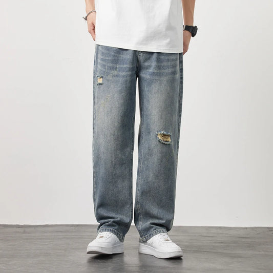 Men’s Loose Wide-Leg Distressed Jeans – Casual Spring & Summer Denim