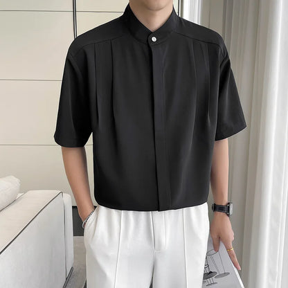 Men’s Chinese Style Short Sleeve Shirt – Breathable Ice Silk with Stand Collar