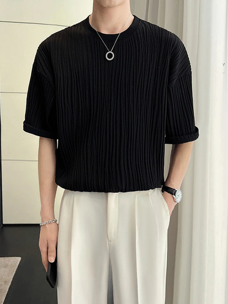 Summer Ice Silk Pleat short Sleeve T-shirt For Men