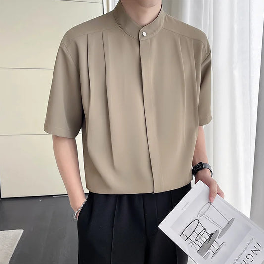 Men’s Chinese Style Short Sleeve Shirt – Breathable Ice Silk with Stand Collar