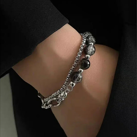 Unisex Stainless Steel Beaded Bracelet – Hip Hop Rock Style Accessory