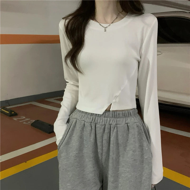 Women’s Vintage Y2K Crop Top Solid Long Sleeve Tee