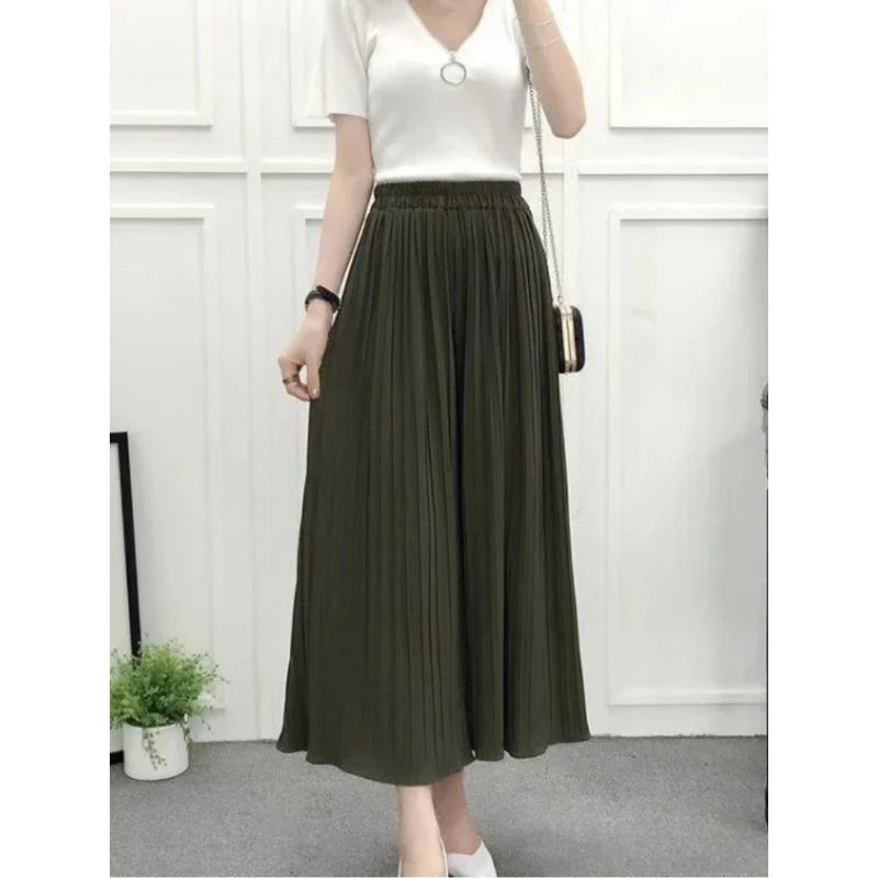 Summer Women’s Pleated Skirt Pants – Loose Fit, Elastic Waist, Wide-Leg Crop