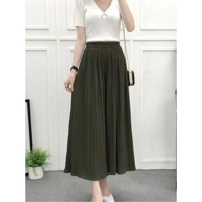 Summer Women’s Pleated Skirt Pants – Loose Fit, Elastic Waist, Wide-Leg Crop
