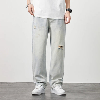 Men’s Loose Wide-Leg Distressed Jeans – Casual Spring & Summer Denim