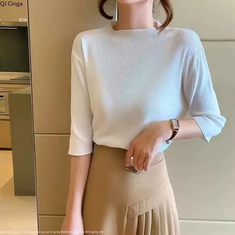 Women’s Slim Fit Office Blouse – Solid Color Long Sleeve Knit Top
