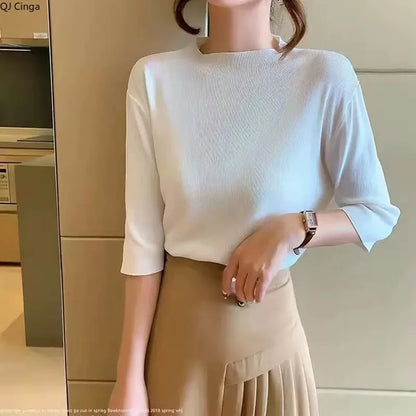 Women’s Slim Fit Office Blouse – Solid Color Long Sleeve Knit Top
