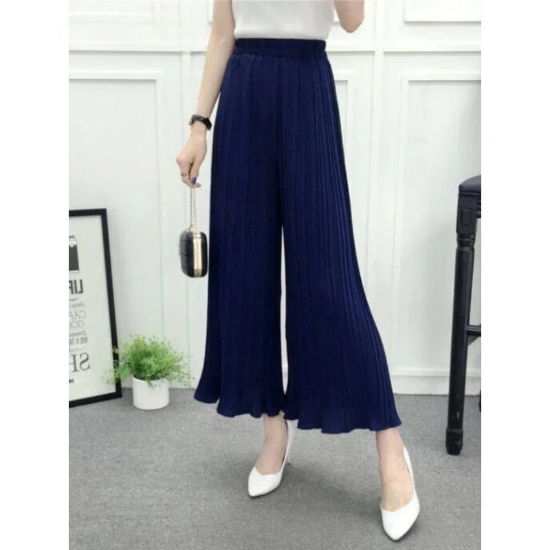 Summer Women’s Pleated Skirt Pants – Loose Fit, Elastic Waist, Wide-Leg Crop