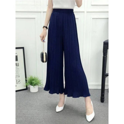 Summer Women’s Pleated Skirt Pants – Loose Fit, Elastic Waist, Wide-Leg Crop