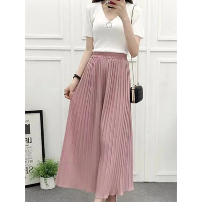 Summer Women’s Pleated Skirt Pants – Loose Fit, Elastic Waist, Wide-Leg Crop