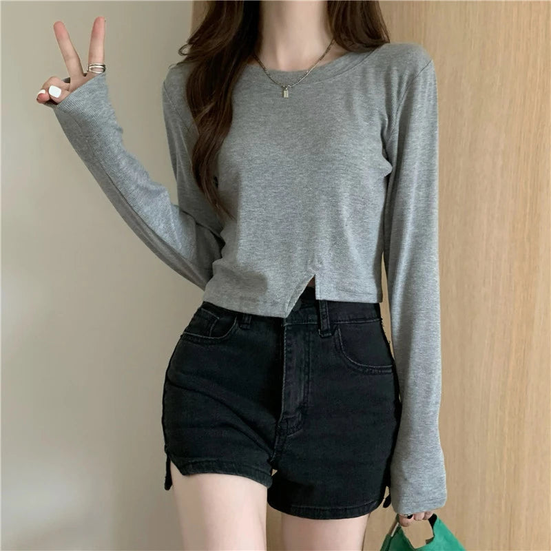 Women’s Vintage Y2K Crop Top Solid Long Sleeve Tee