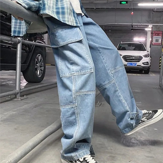 Men’s Loose Cargo Denim Jeans – Hip Hop Streetwear with Pockets, S–5XL